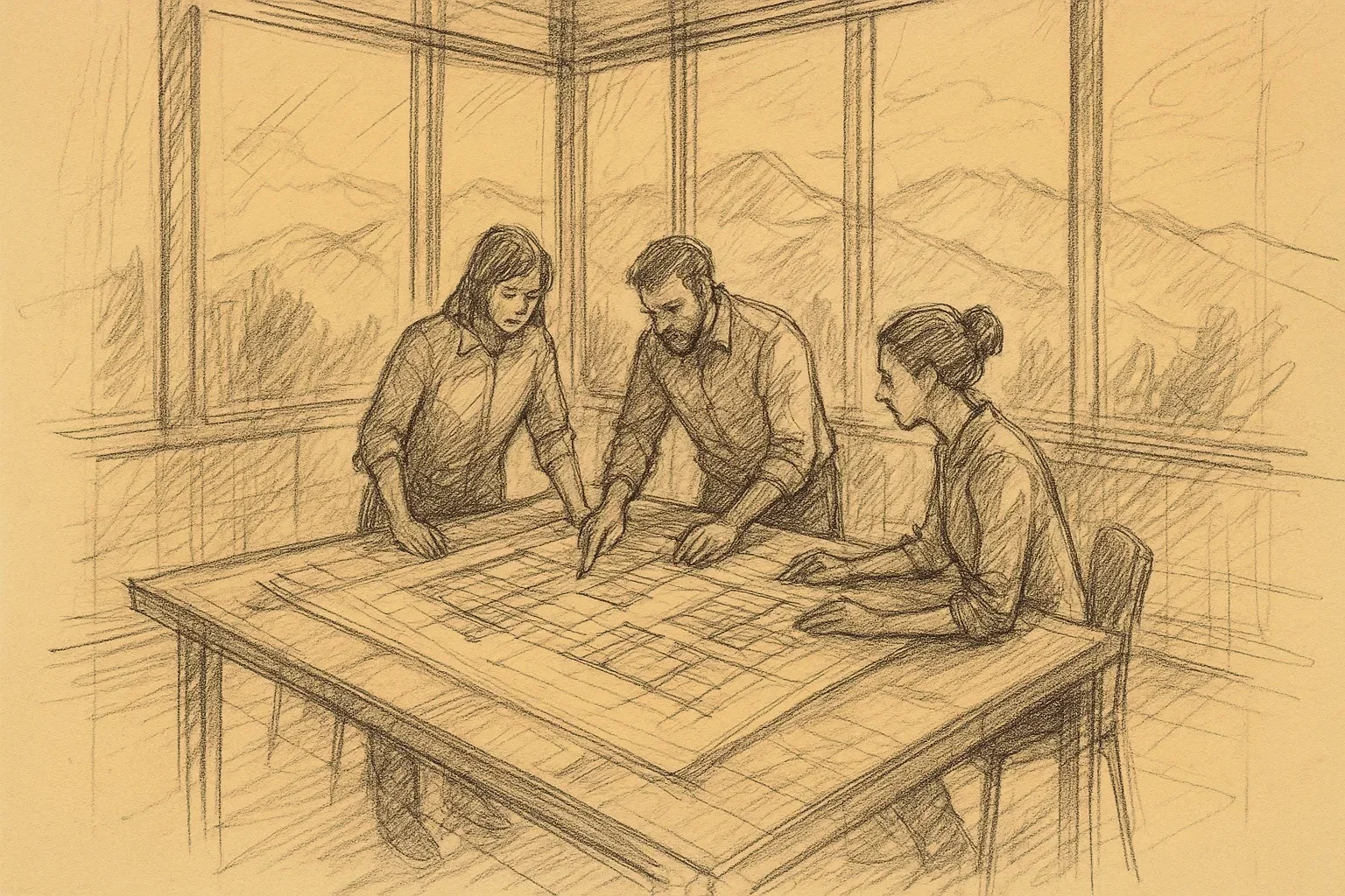 Architectural sketch of a team reviewing plans at a worktable with mountain views
