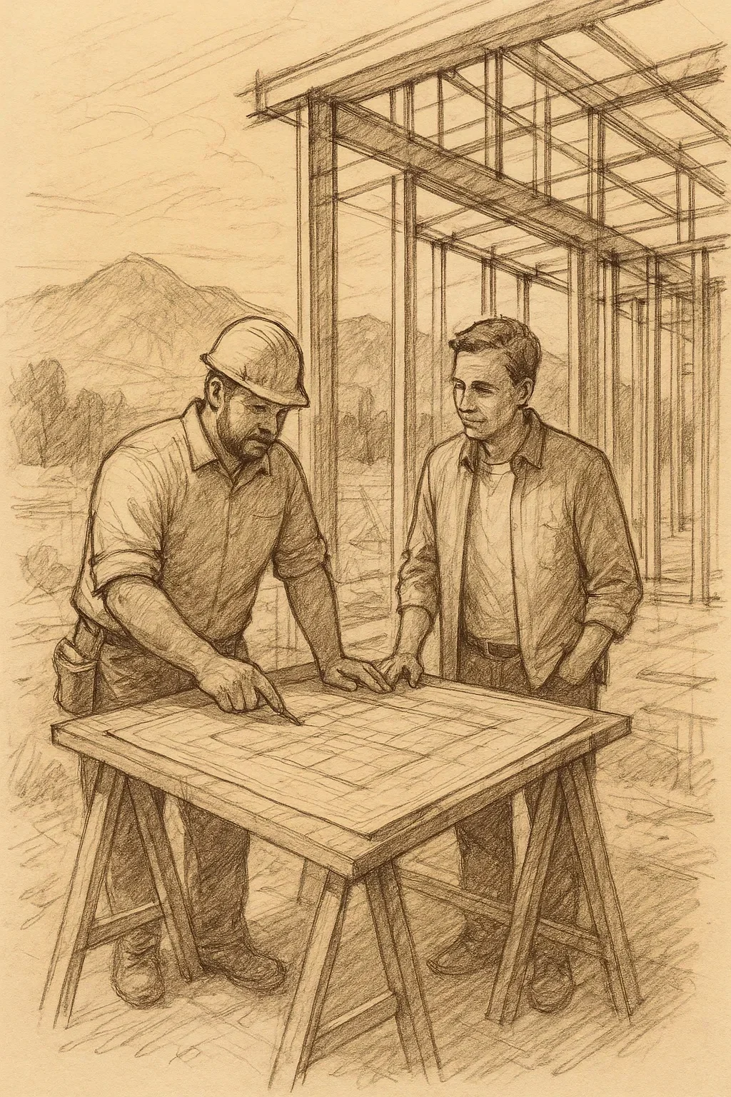 Sketch of a builder and homeowner reviewing blueprints at a construction site