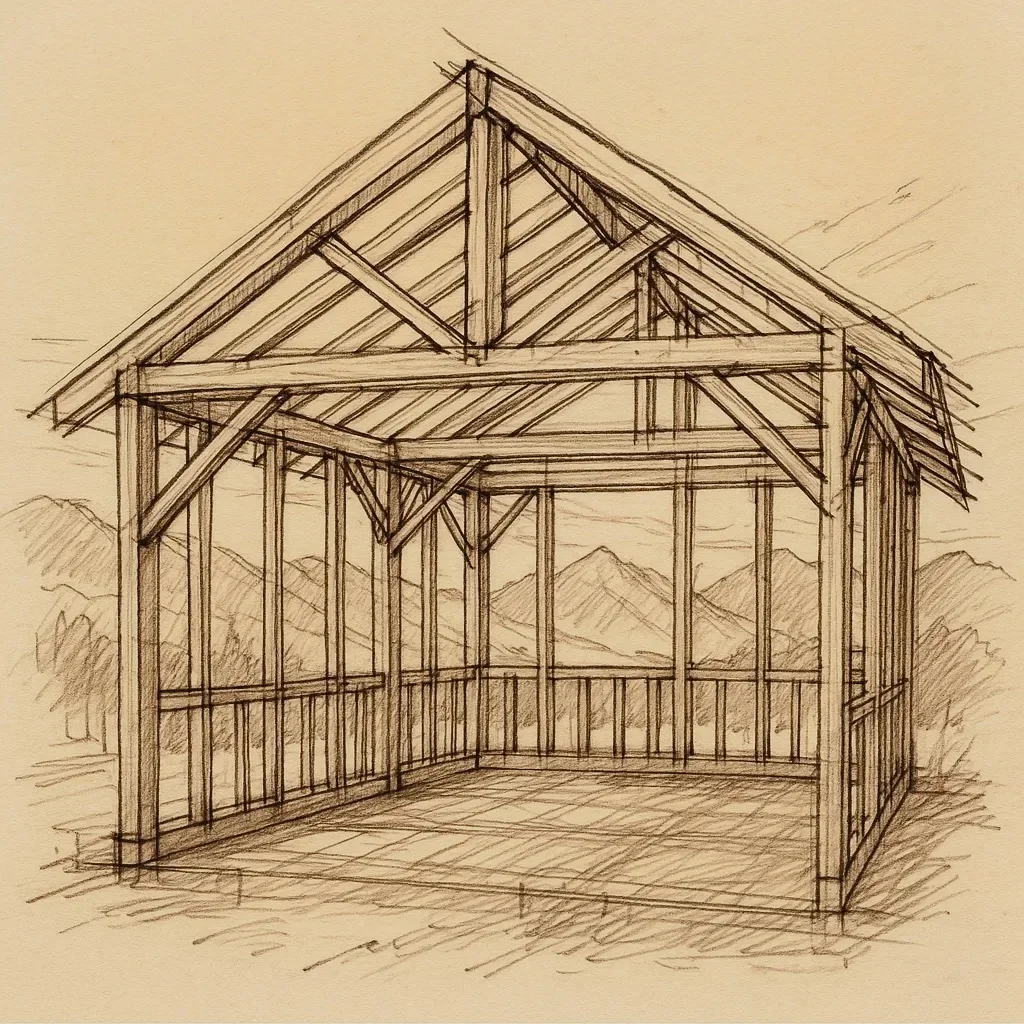 Sketch of a timber post-and-beam frame with mountain views through the structure