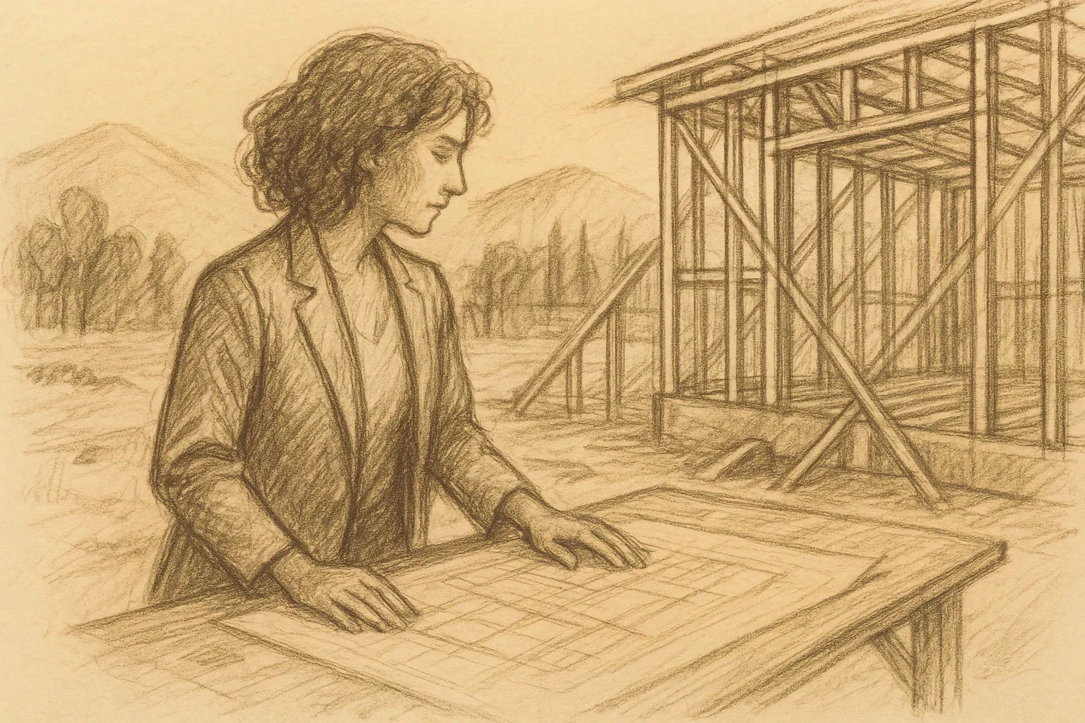 Sketch of Maria at a construction site with timber framing in the background