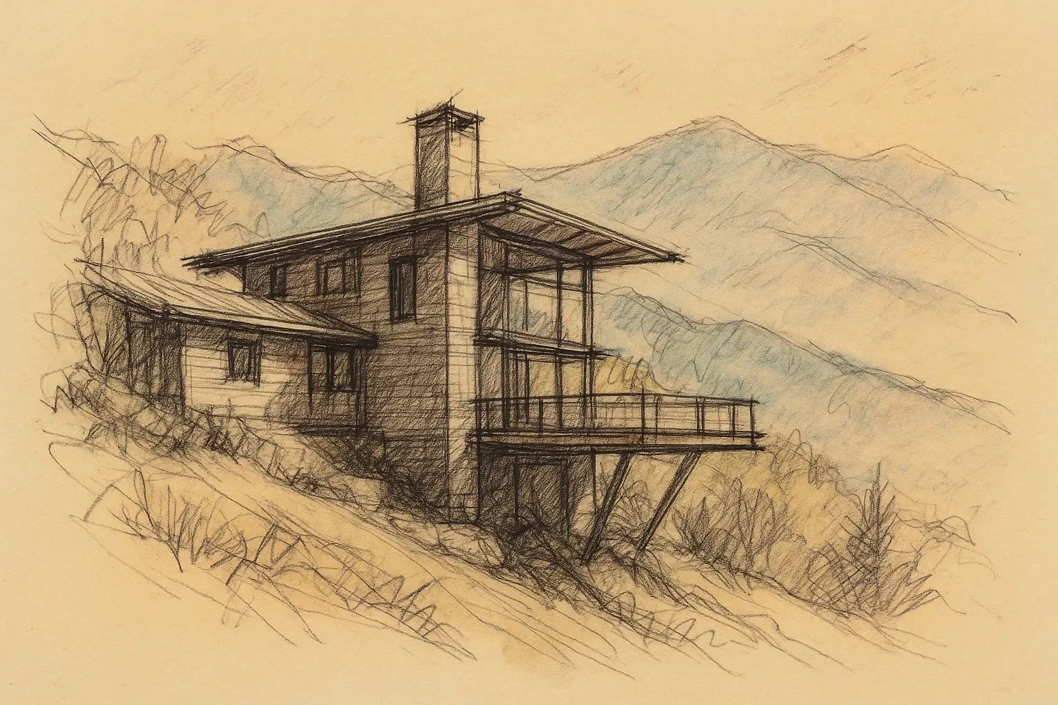 Watercolor sketch of a contemporary mountain home on a Blue Ridge mountainside