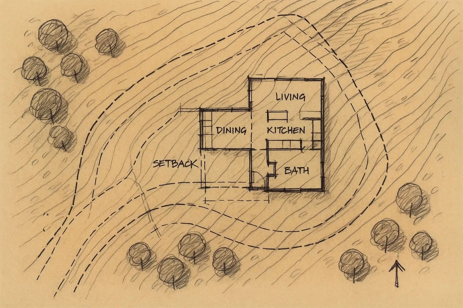 Architectural site plan sketch showing a mountain building lot with topographic contours