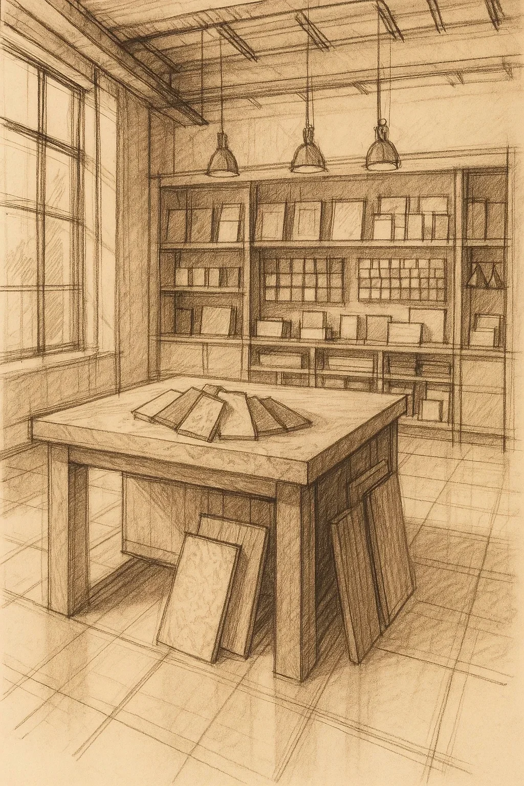 Sketch of a showroom interior with material samples and finishes on display