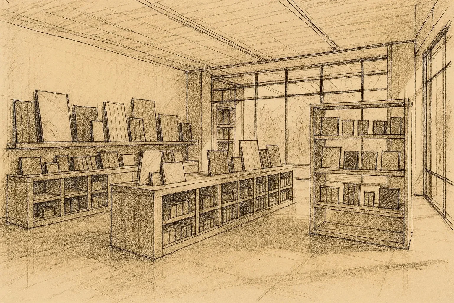 Architectural sketch of a materials showroom interior with display shelving and natural light