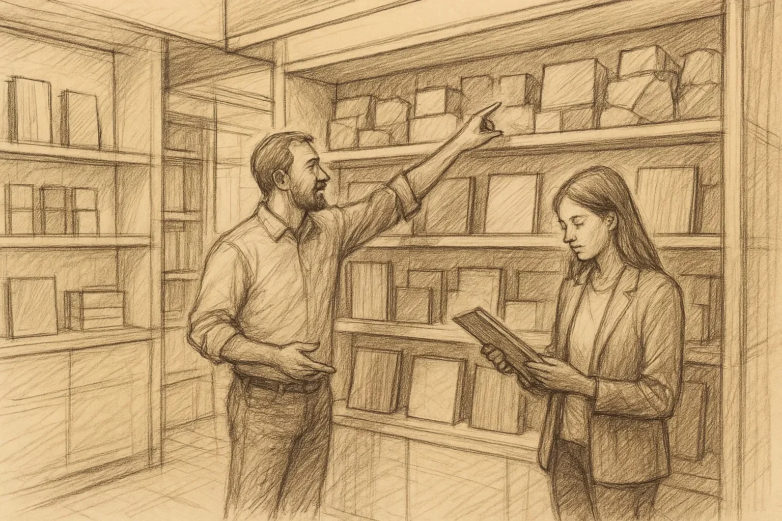 Sketch of a designer and client reviewing material samples together in the showroom