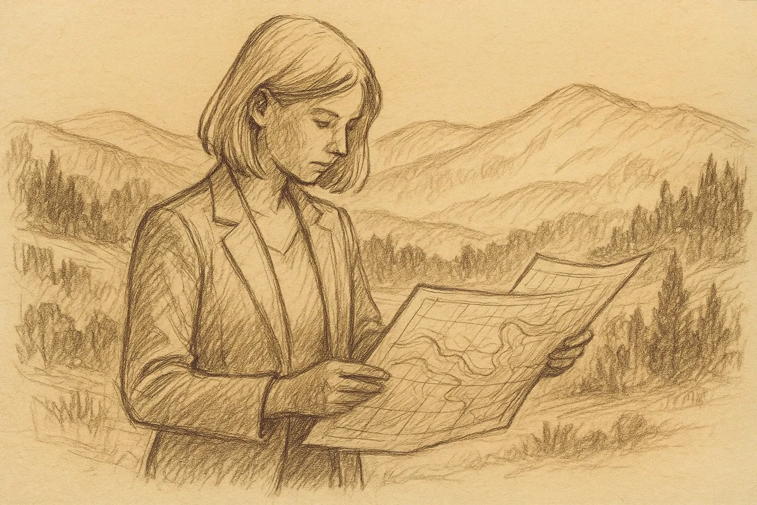Sketch of Tatyana reviewing a topographic map with mountain landscape behind her