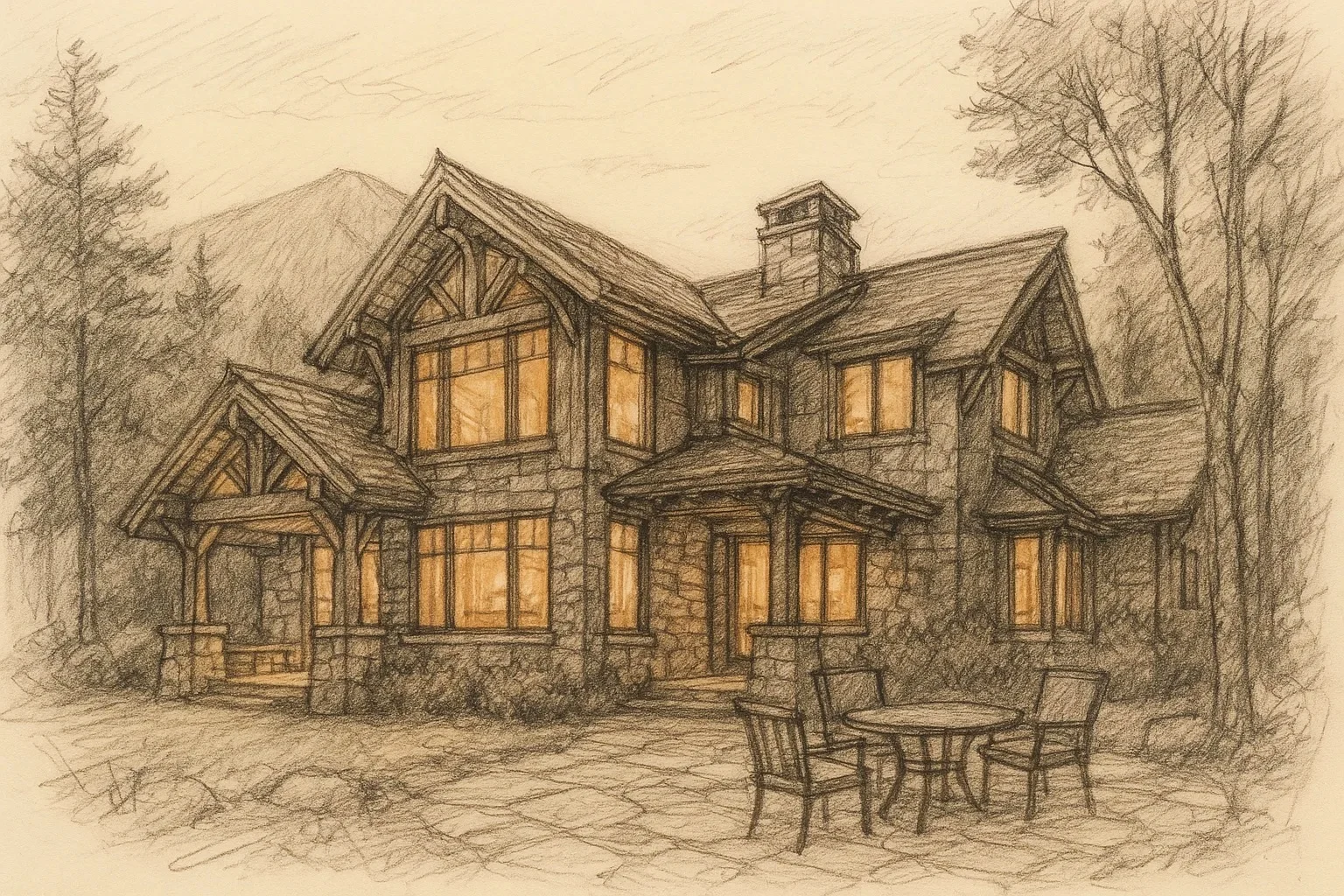 Luxury custom mountain home at dusk with warm interior lights and mountain views
